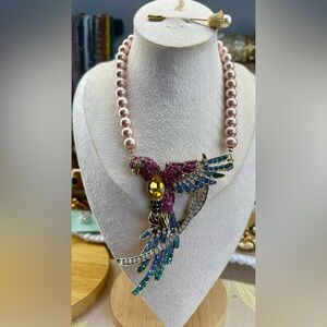 Elegant Champagne Pearls with Stunning 5”Parrot Rhinestones Pendant Necklace